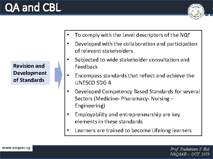 QA and CBL Revision and Development of Standards www. naqaae. eg • To comply