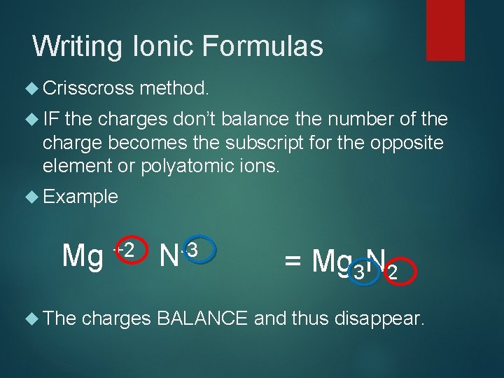 Writing Ionic Formulas Crisscross method. IF the charges don’t balance the number of the