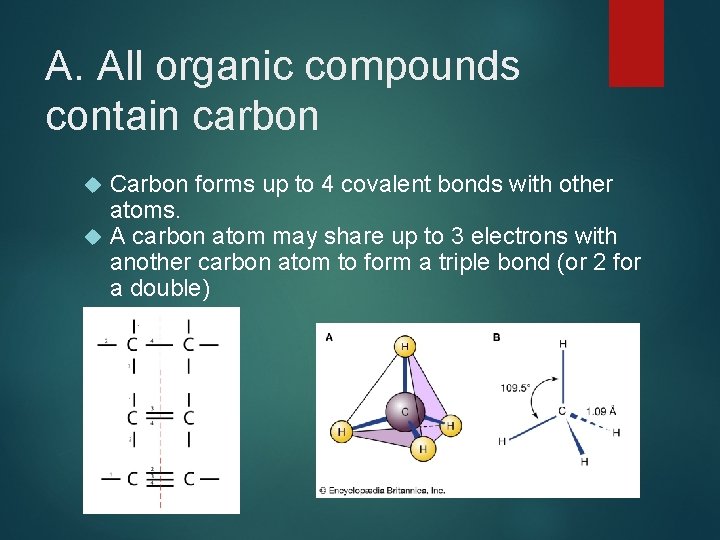 A. All organic compounds contain carbon Carbon forms up to 4 covalent bonds with