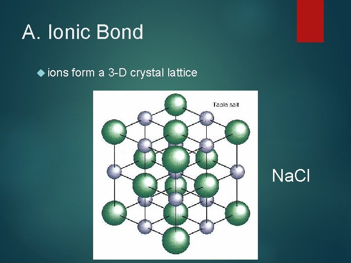 A. Ionic Bond ions form a 3 -D crystal lattice Na. Cl 