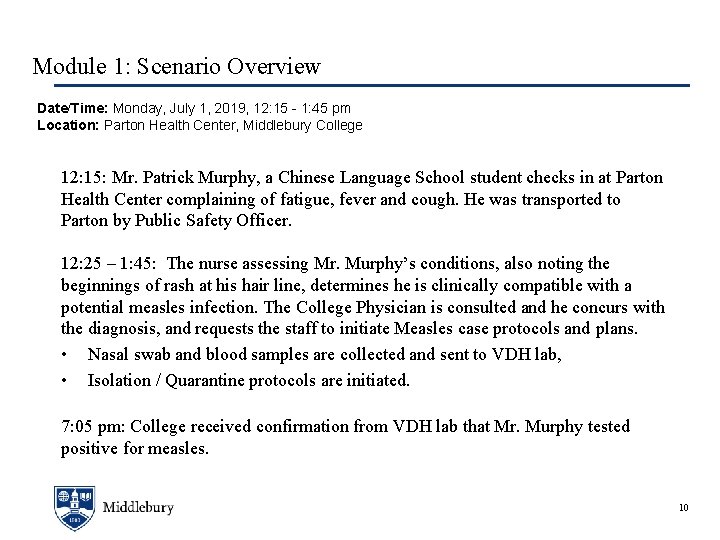 Module 1: Scenario Overview Date/Time: Monday, July 1, 2019, 12: 15 - 1: 45