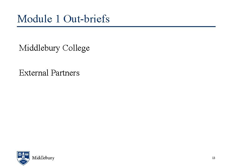 Module 1 Out-briefs Middlebury College External Partners 13 