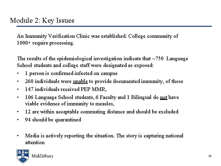 Module 2: Key Issues An Immunity Verification Clinic was established. College community of 1000+