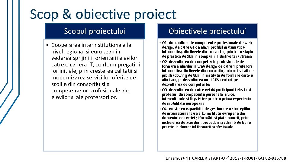 Scop & obiective proiect Scopul proiectului • Cooperarea interinstitutionala la nivel regional si european Scop & obiective proiect Scopul proiectului • Cooperarea interinstitutionala la nivel regional si european