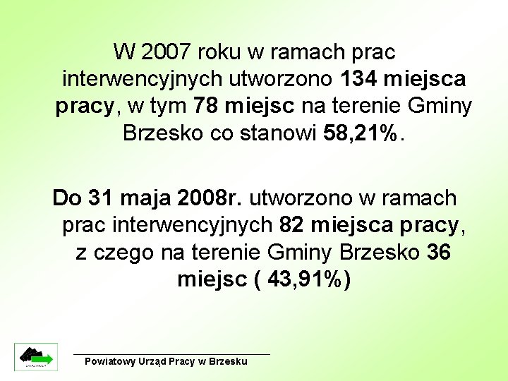 W 2007 roku w ramach prac interwencyjnych utworzono 134 miejsca pracy, w tym 78