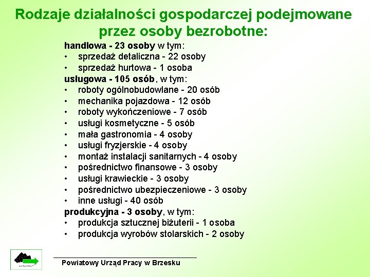 Rodzaje działalności gospodarczej podejmowane przez osoby bezrobotne: handlowa - 23 osoby w tym: •