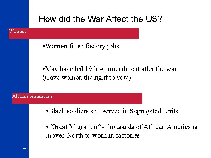 How did the War Affect the US? Women • Women filled factory jobs •