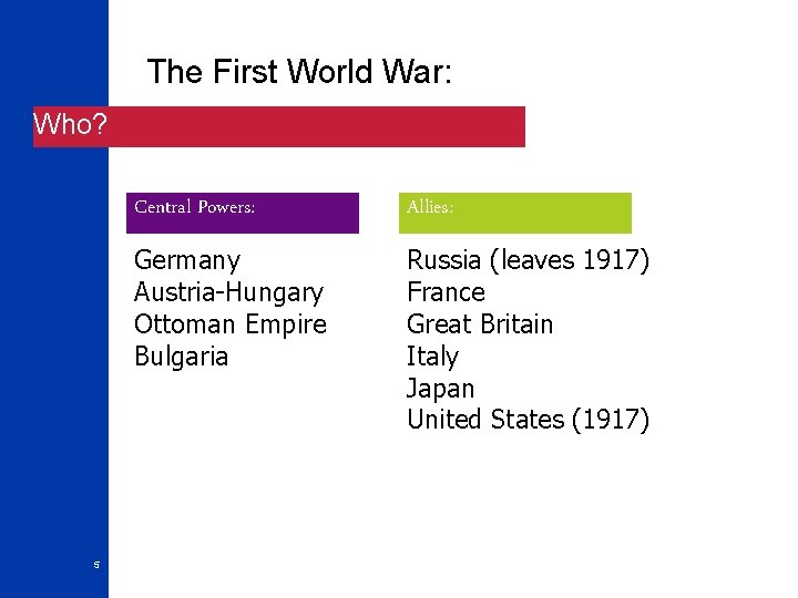 The First World War: Who? 5 Central Powers: Allies: Germany Austria-Hungary Ottoman Empire Bulgaria