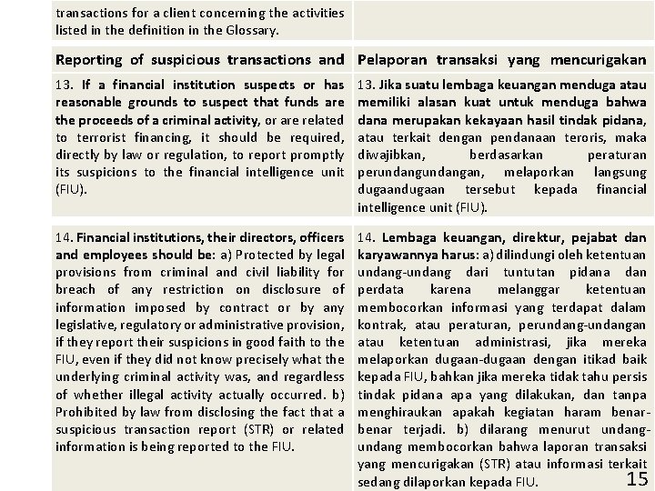 transactions for a client concerning the activities listed in the definition in the Glossary.