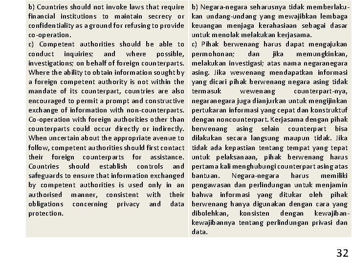 b) Countries should not invoke laws that require financial institutions to maintain secrecy or