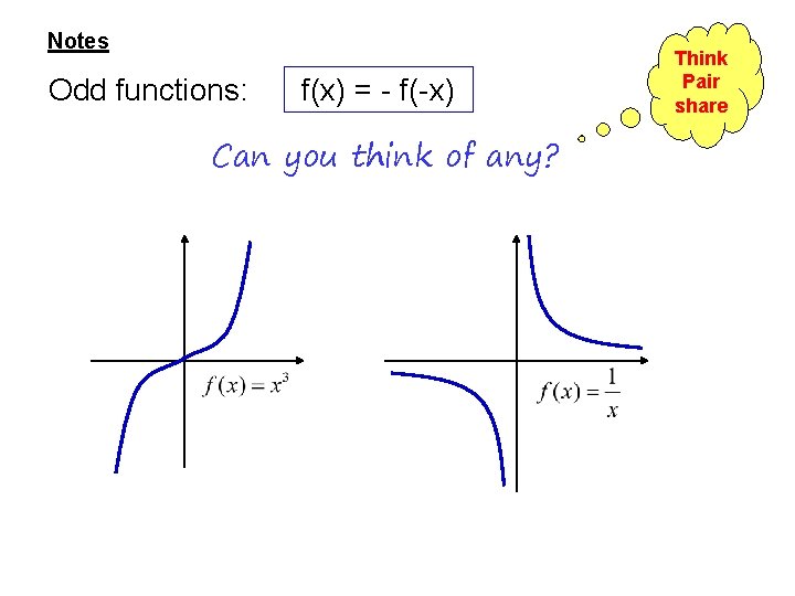 Notes Odd functions: f(x) = - f(-x) Can you think of any? Think Pair