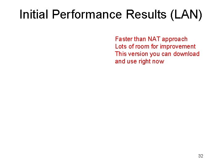 Initial Performance Results (LAN) Faster than NAT approach Lots of room for improvement This