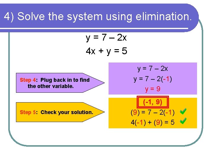 4) Solve the system using elimination. y = 7 – 2 x 4 x