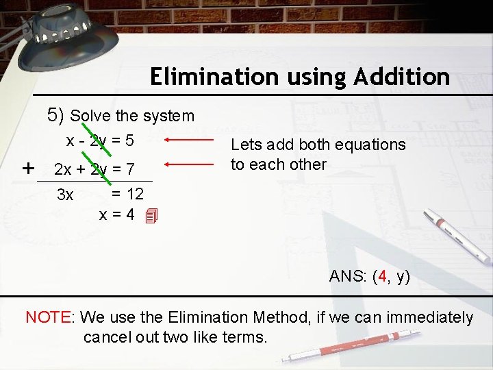 Elimination using Addition 5) Solve the system x - 2 y = 5 +