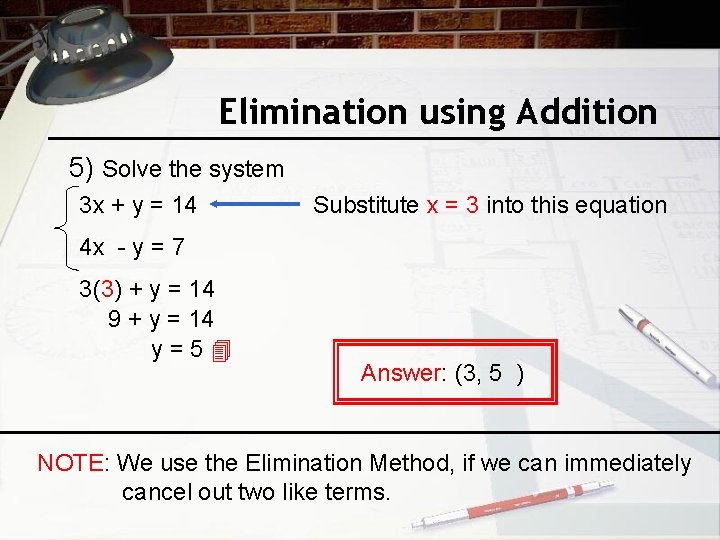 Elimination using Addition 5) Solve the system 3 x + y = 14 Substitute