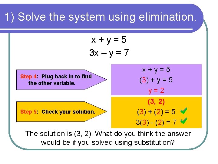 1) Solve the system using elimination. x+y=5 3 x – y = 7 Step