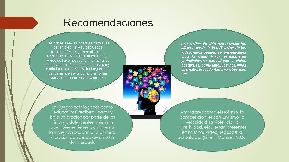 Recomendaciones Las consecuencias positivas derivadas del empleo de los videojuegos dependerán, en gran medida,