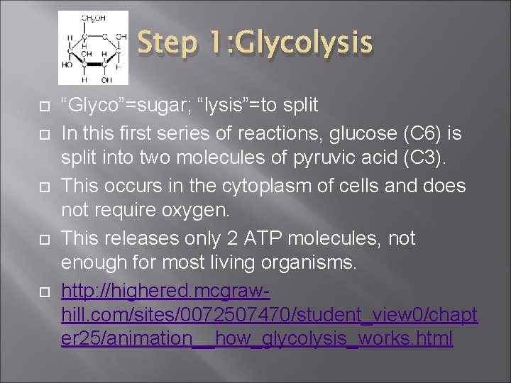 Step 1: Glycolysis “Glyco”=sugar; “lysis”=to split In this first series of reactions, glucose (C