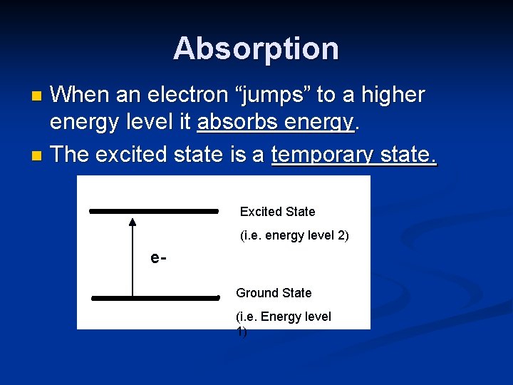 Absorption When an electron “jumps” to a higher energy level it absorbs energy. n