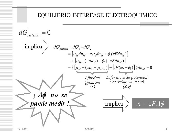EQUILIBRIO INTERFASE ELECTROQUIMICO implica Afinidad Química (A) ¡ no se puede medir ! 13