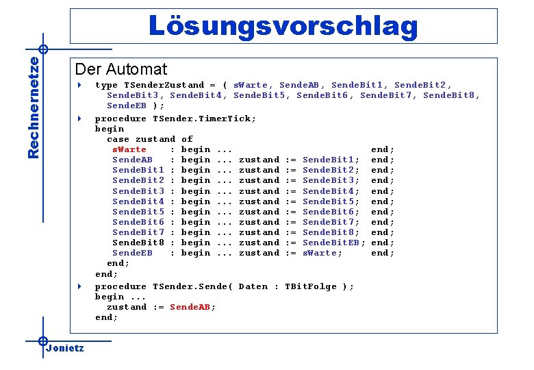 Rechnernetze Lösungsvorschlag Der Automat 4 4 4 Jonietz type TSender. Zustand = ( s.