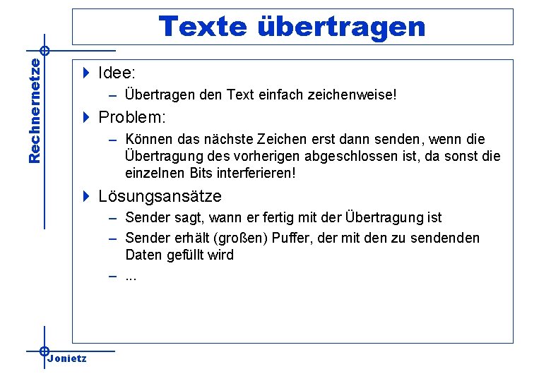 Rechnernetze Texte übertragen 4 Idee: – Übertragen den Text einfach zeichenweise! 4 Problem: –