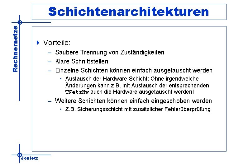 Rechnernetze Schichtenarchitekturen 4 Vorteile: – Saubere Trennung von Zuständigkeiten – Klare Schnittstellen – Einzelne