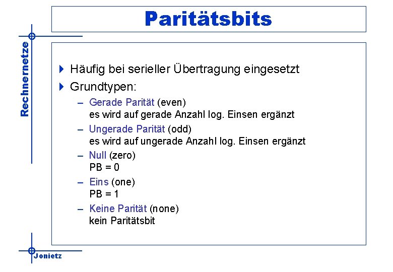 Rechnernetze Paritätsbits 4 Häufig bei serieller Übertragung eingesetzt 4 Grundtypen: – Gerade Parität (even)