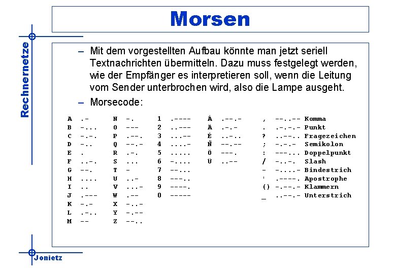 Rechnernetze Morsen – Mit dem vorgestellten Aufbau könnte man jetzt seriell Textnachrichten übermitteln. Dazu