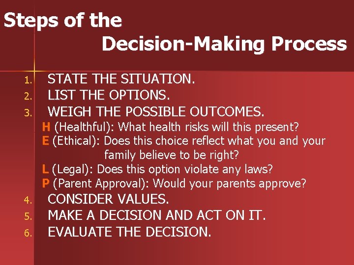 Steps of the Decision-Making Process 1. 2. 3. STATE THE SITUATION. LIST THE OPTIONS.