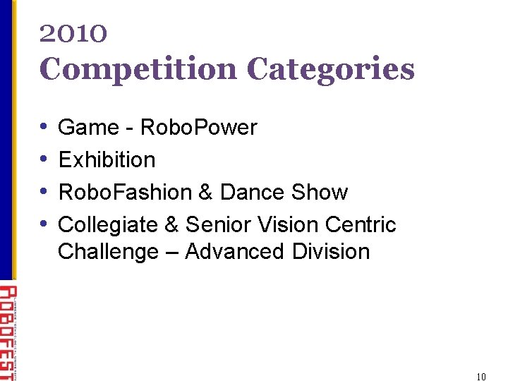 2010 Competition Categories • • Game - Robo. Power Exhibition Robo. Fashion & Dance