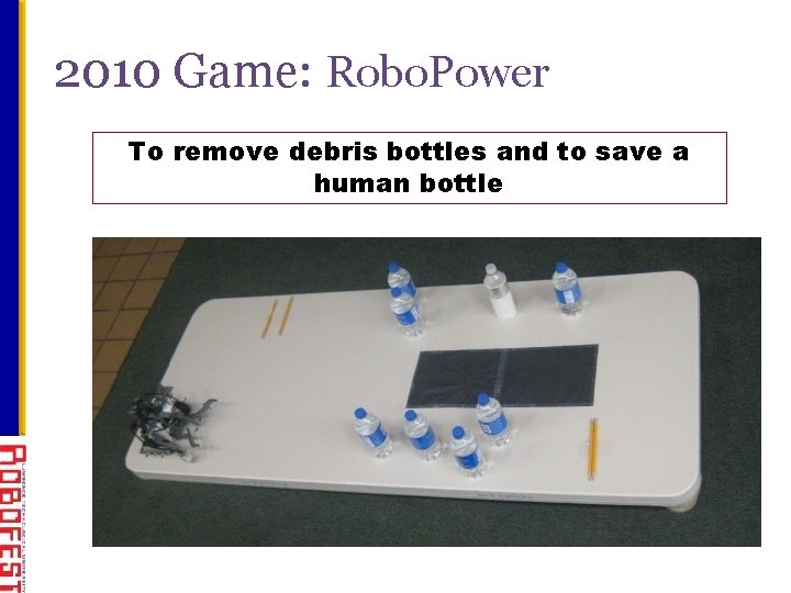 2010 Game: Robo. Power To remove debris bottles and to save a human bottle