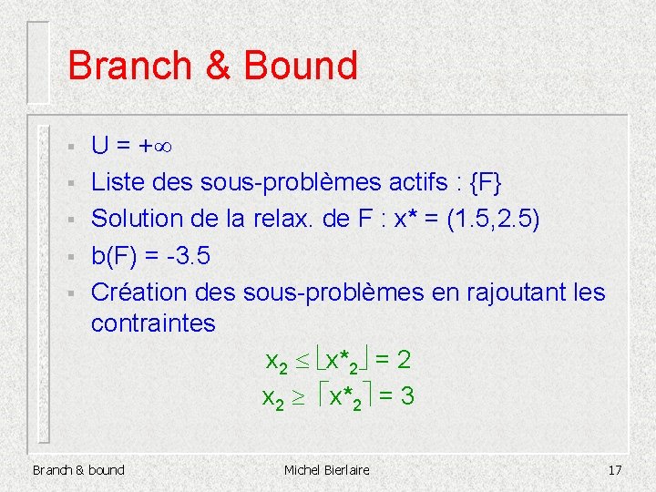 Branch & Bound § § § U = + Liste des sous-problèmes actifs :