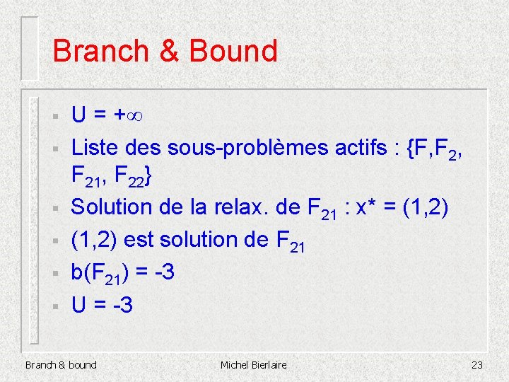 Branch & Bound § § § U = + Liste des sous-problèmes actifs :