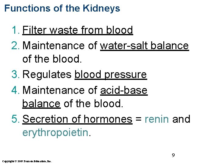 Functions of the Kidneys 1. Filter waste from blood 2. Maintenance of water-salt balance