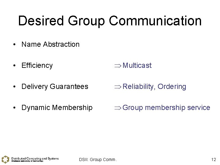 Desired Group Communication • Name Abstraction • Efficiency Multicast • Delivery Guarantees Reliability, Ordering