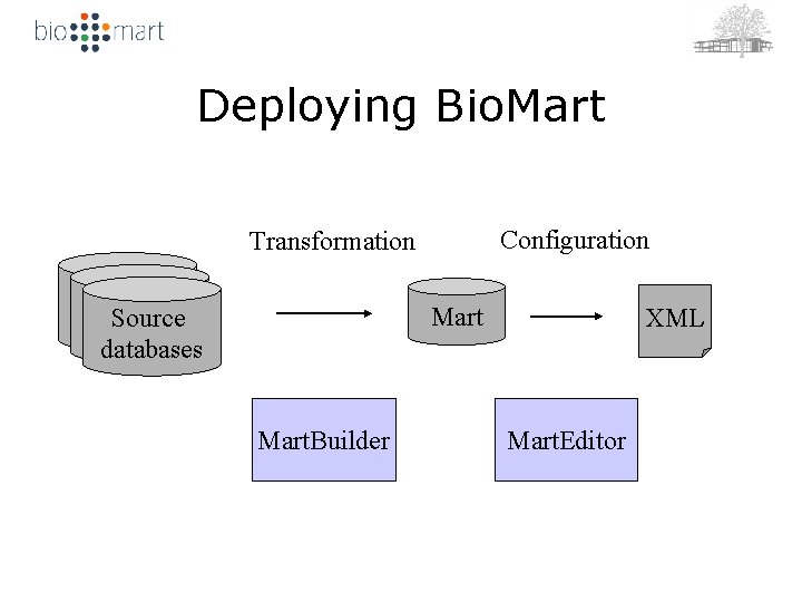 Deploying Bio. Mart Configuration Transformation Mart Source databases Mart. Builder XML Mart. Editor 