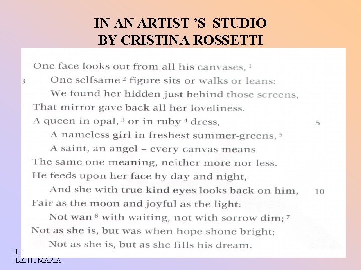 IN AN ARTIST ’S STUDIO BY CRISTINA ROSSETTI LOMBARDI GERMANA LENTI MARIA 