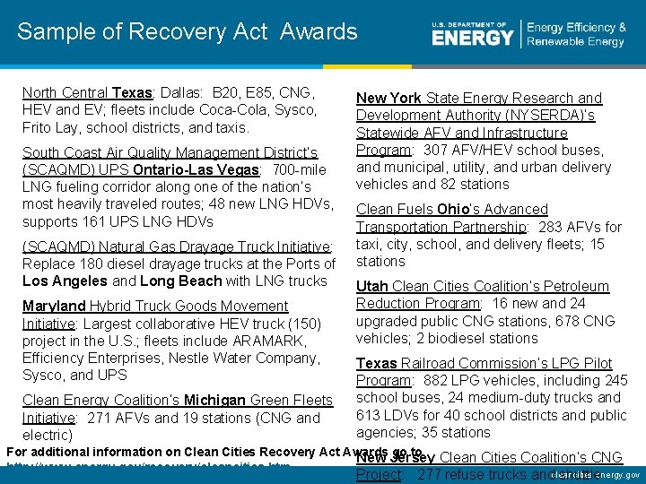 Sample of Recovery Act Awards North Central Texas: Dallas: B 20, E 85, CNG,