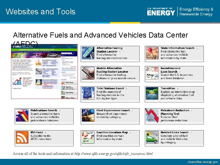 Websites and Tools Alternative Fuels and Advanced Vehicles Data Center (AFDC) Access all of