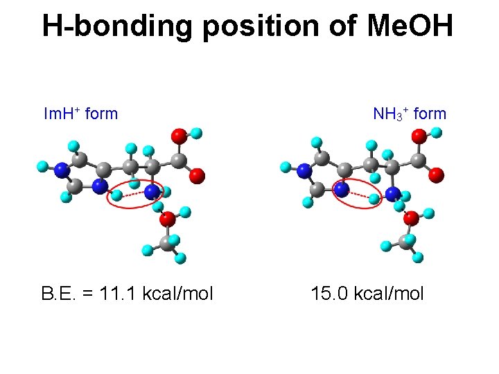 H-bonding position of Me. OH Im. H+ form B. E. = 11. 1 kcal/mol