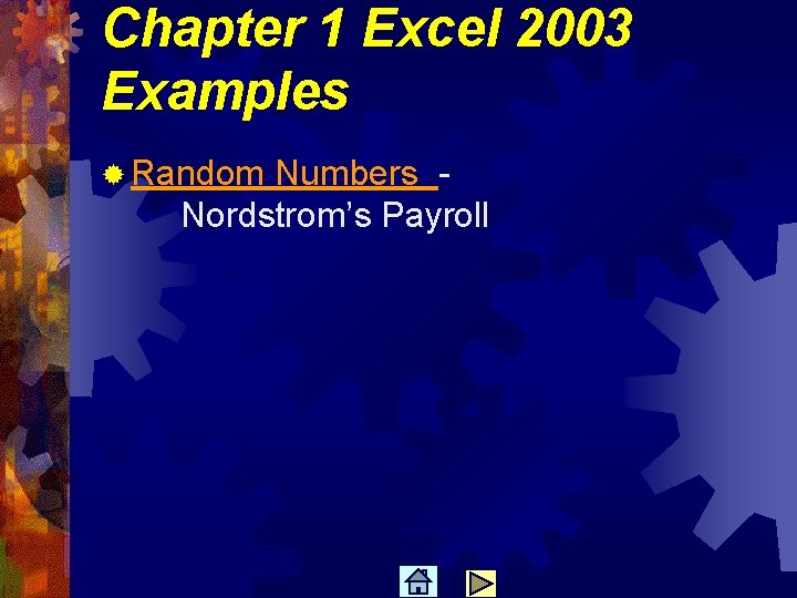 Chapter 1 Excel 2003 Examples ® Random Numbers Nordstrom’s Payroll 