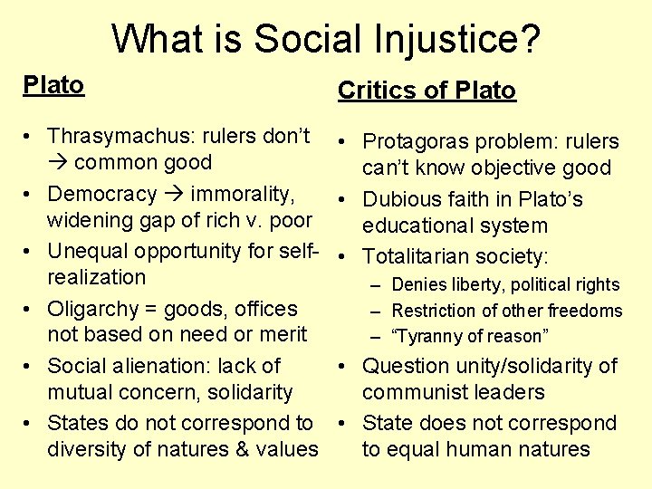 What is Social Injustice? Plato Critics of Plato • Thrasymachus: rulers don’t common good