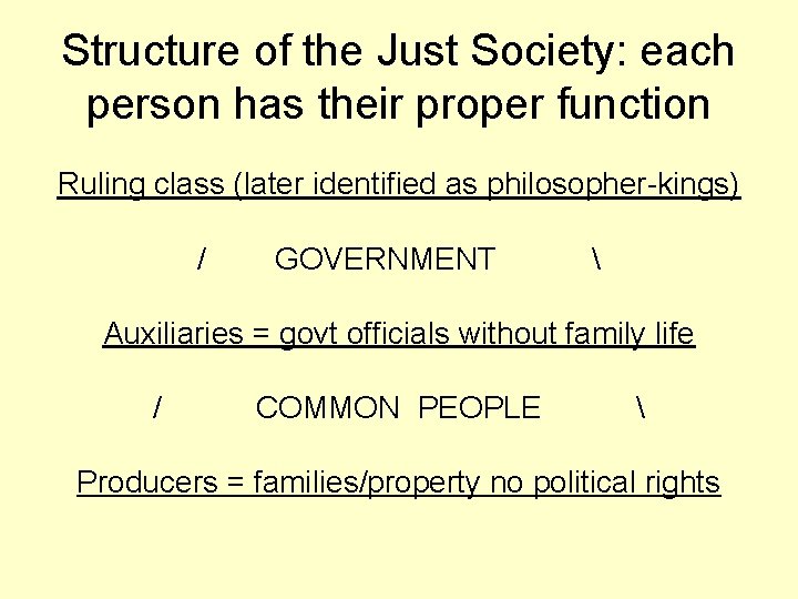 Structure of the Just Society: each person has their proper function Ruling class (later