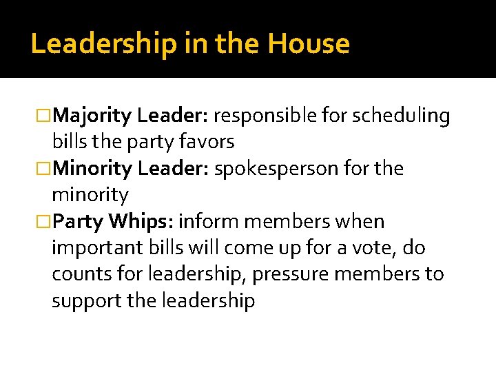 Leadership in the House �Majority Leader: responsible for scheduling bills the party favors �Minority