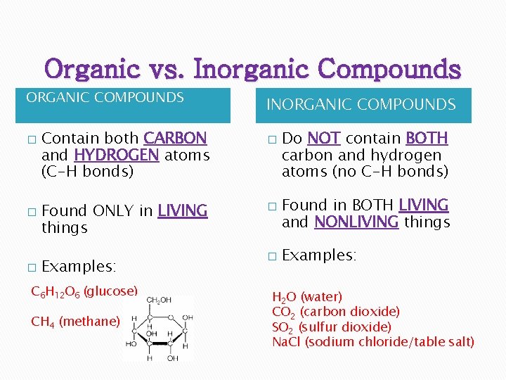 Organic vs. Inorganic Compounds ORGANIC COMPOUNDS � � � Contain both CARBON and HYDROGEN