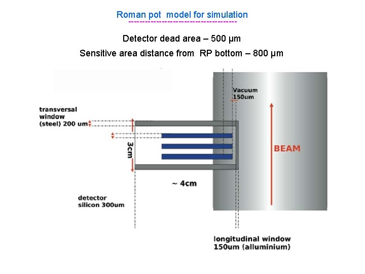 Roman pot model for simulation -------------------Detector dead area – 500 μm Sensitive area distance
