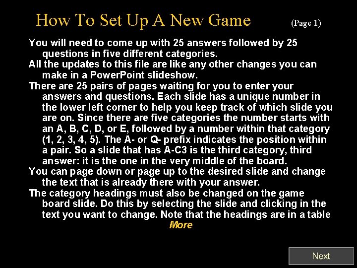 How To Set Up A New Game (Page 1) You will need to come