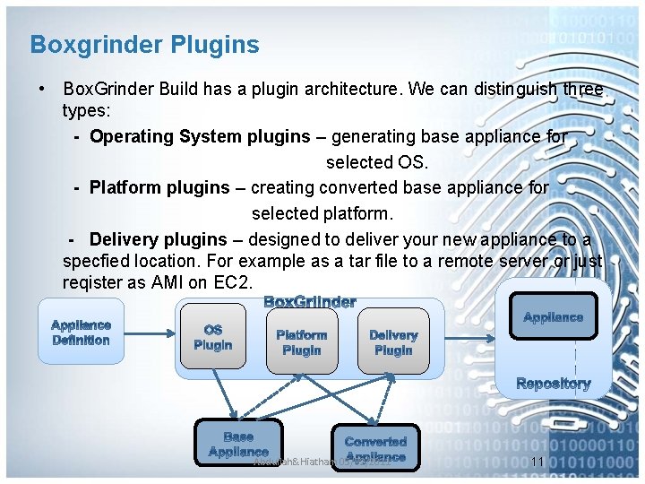 Boxgrinder Plugins • Box. Grinder Build has a plugin architecture. We can distinguish three