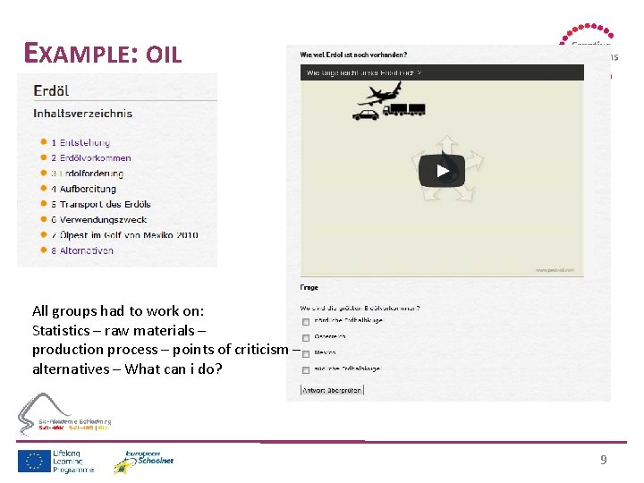 EXAMPLE: OIL All groups had to work on: Statistics – raw materials – production